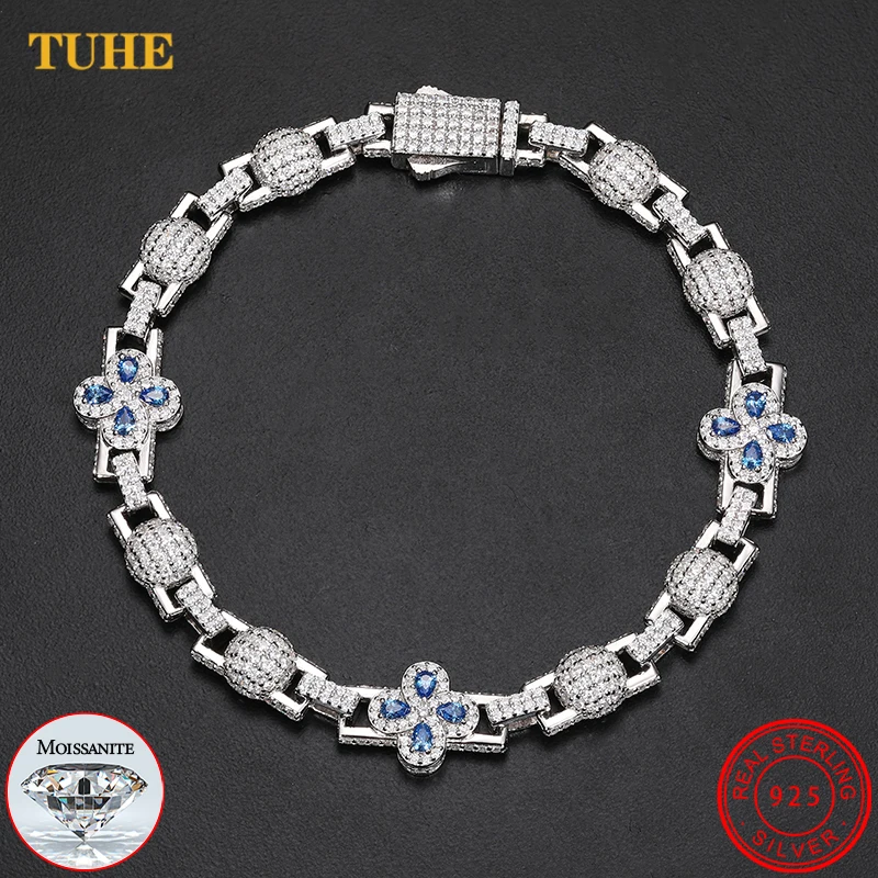 New Design Moissanite Lucky Flower Bracelet for Women Men 925 Sterling Silver Gold Plated Ball Chain HipHop Party Jewelry Gifts