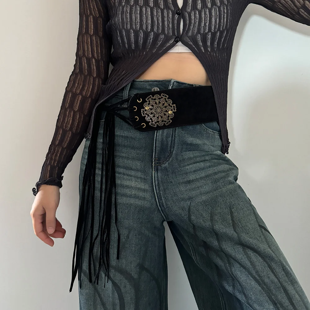 

Винтажный бандажный пояс с кисточками из искусственной кожи Y2K, женские уличные модные юбки в стиле панк, джинсы, брюки, готический декоративный пояс