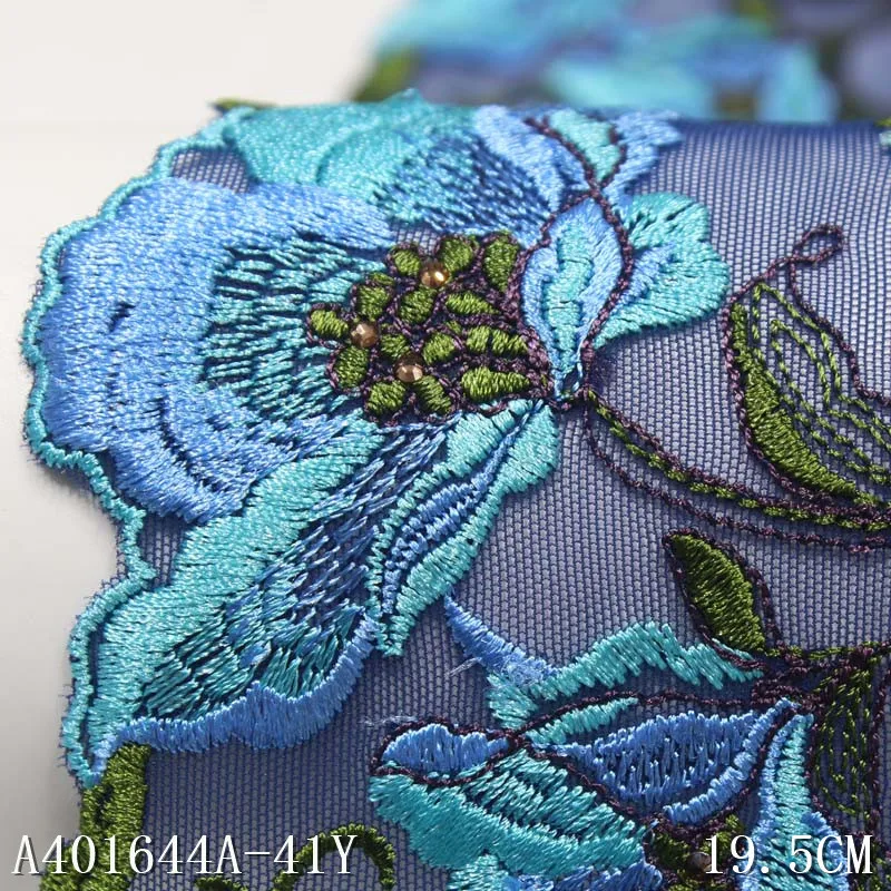 1 Yard 19cm wide Blue Soft Mesh Embroidery Lace Trimmings Dress Accessories Lace Fabric Sewing Crafts Doll Material