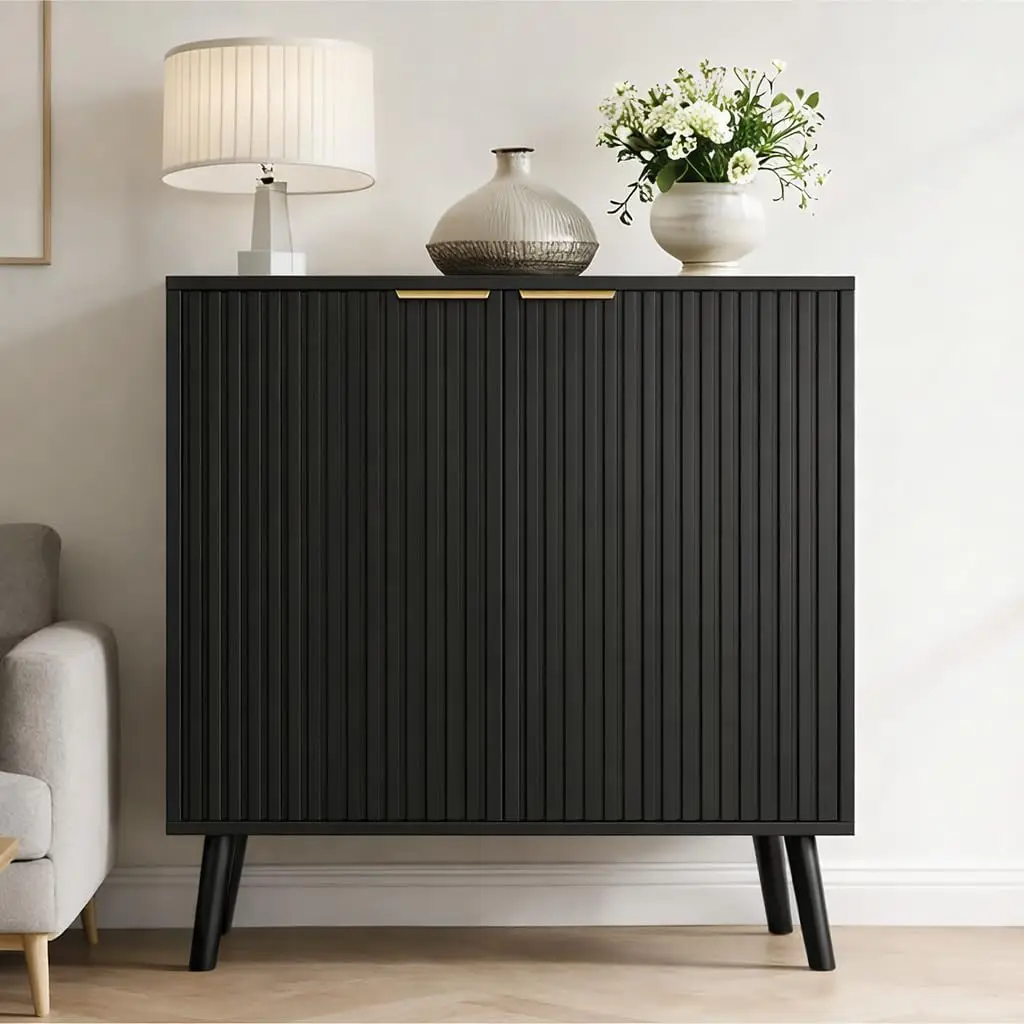 Black Fluted Storage Cabinet Sideboard With Doors & Shelf Wooden Console Table For Living Room Dining Room Entryway, Customized