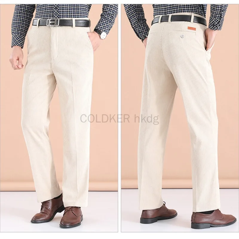 Husband Gift Beige Brown Corduroy Pants Men Business Casual Trousers Formal Dress Straight Pants Black Navy Blue Male Clothing