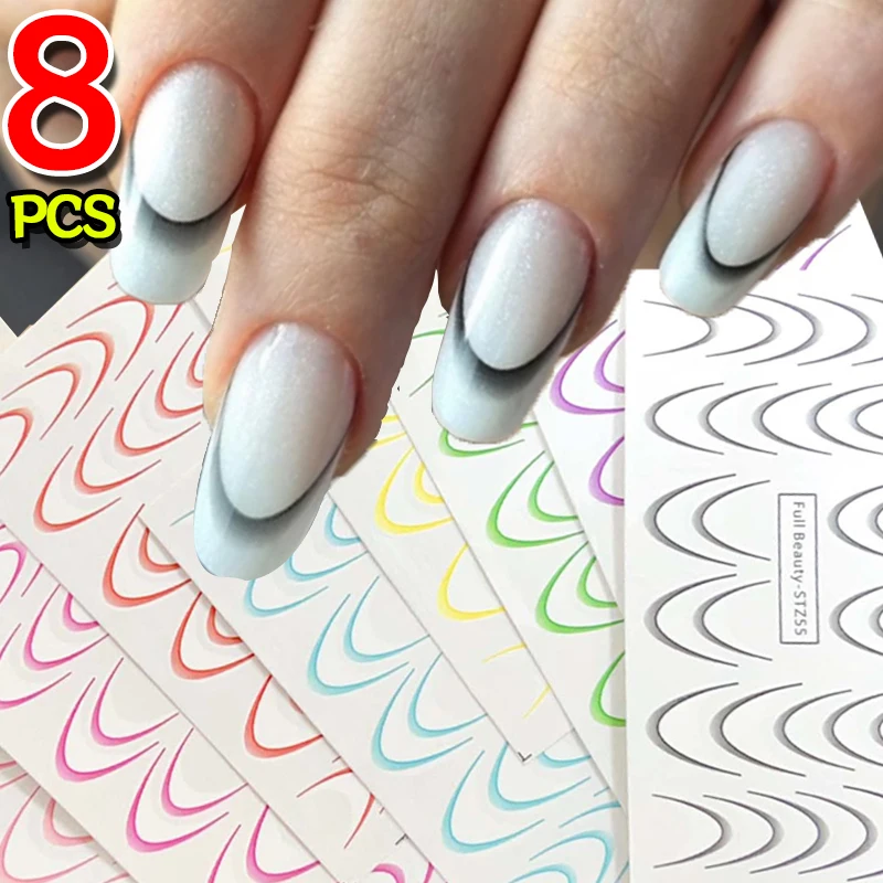 French Nail Stickers Gradient Line Nail Art Decals Self-Adhesive White Black Slider Design Manicure Stencil DIY Nail Decorations