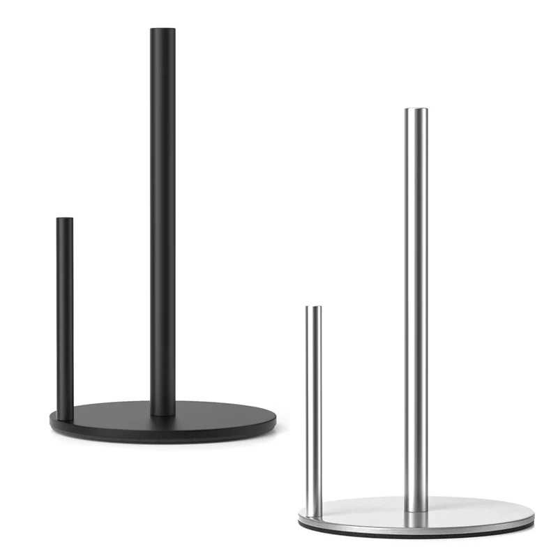 Paper Towel Holder Black/Silver, Premium Stainless Steel Kitchen Roll Dispenser, Countertop Roll Organizer with Weighted Base