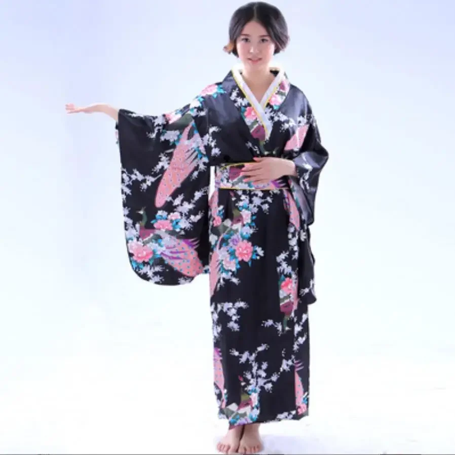 Vestido de banho feminino quimono japonês Yukata de seda falsa com performance Obi, vestido de dança preto, roupas cosplay vintage para senhoras