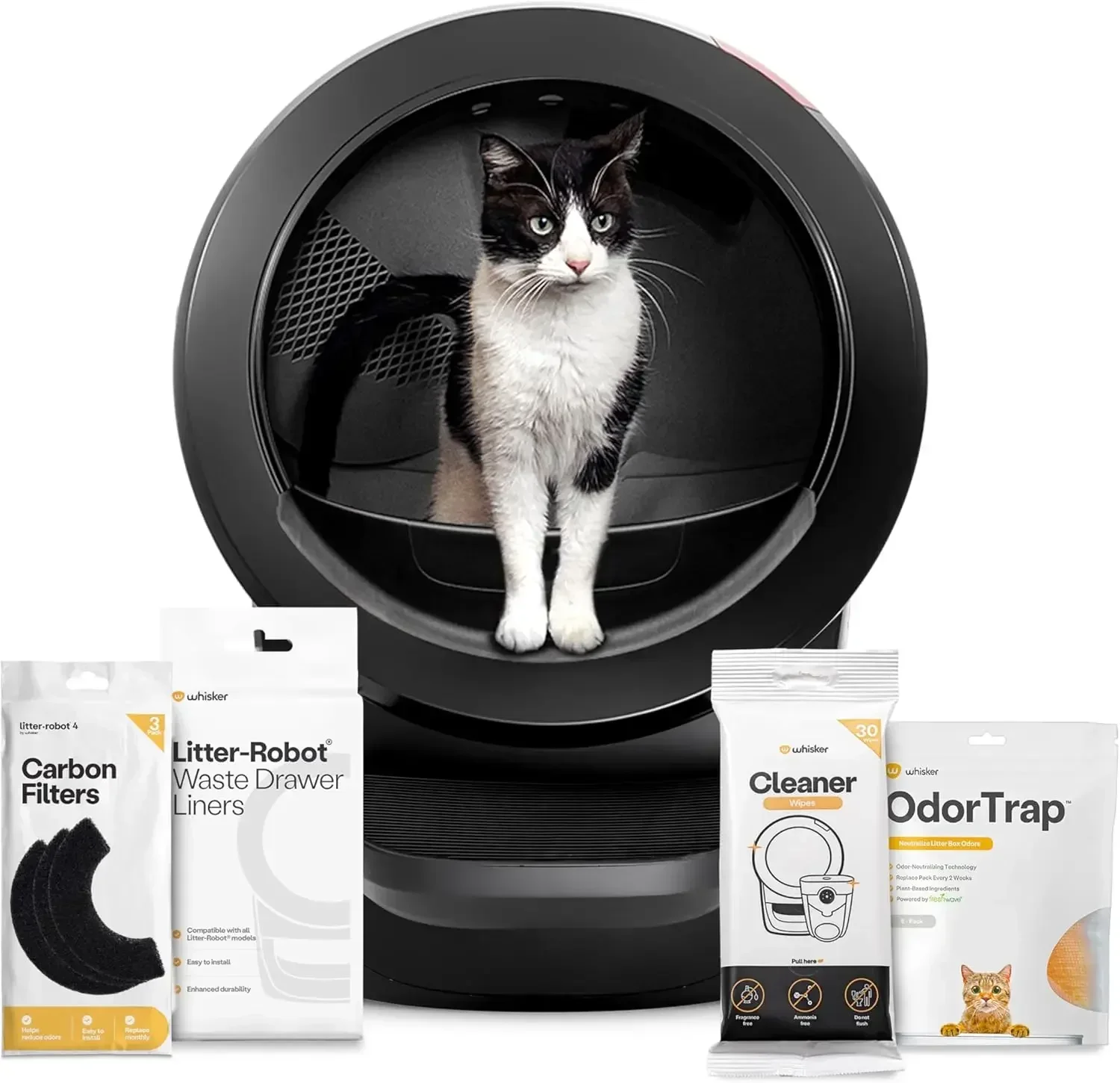 Self-Cleaning Cat Litter Box, Includes Litter-Robot 4, 3 OdorTrap Refills, 10 Liners, 30 Cleaner Wipes, & 2 Carbon Filters