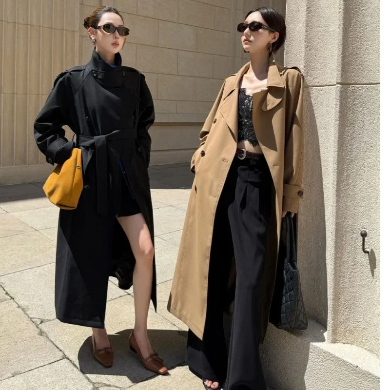 2026 معطف طويل ريترو كلاسيكي مزاجه ركاب التلبيب خندق معطف المرأة الكاكي صورة ظلية ملابس نسائية عالية الجودة