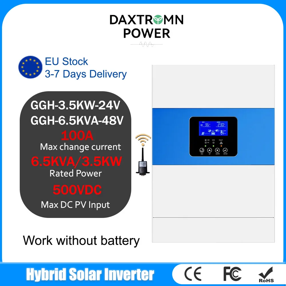 

Гибридный солнечный инвертор Daxtromn 3,5 кВт 5,5 кВт Off Grid 24 В 48 В 450 В постоянного тока MPPT 100 А контроллер заряда солнечной энергии с чистой синусоидальной волной