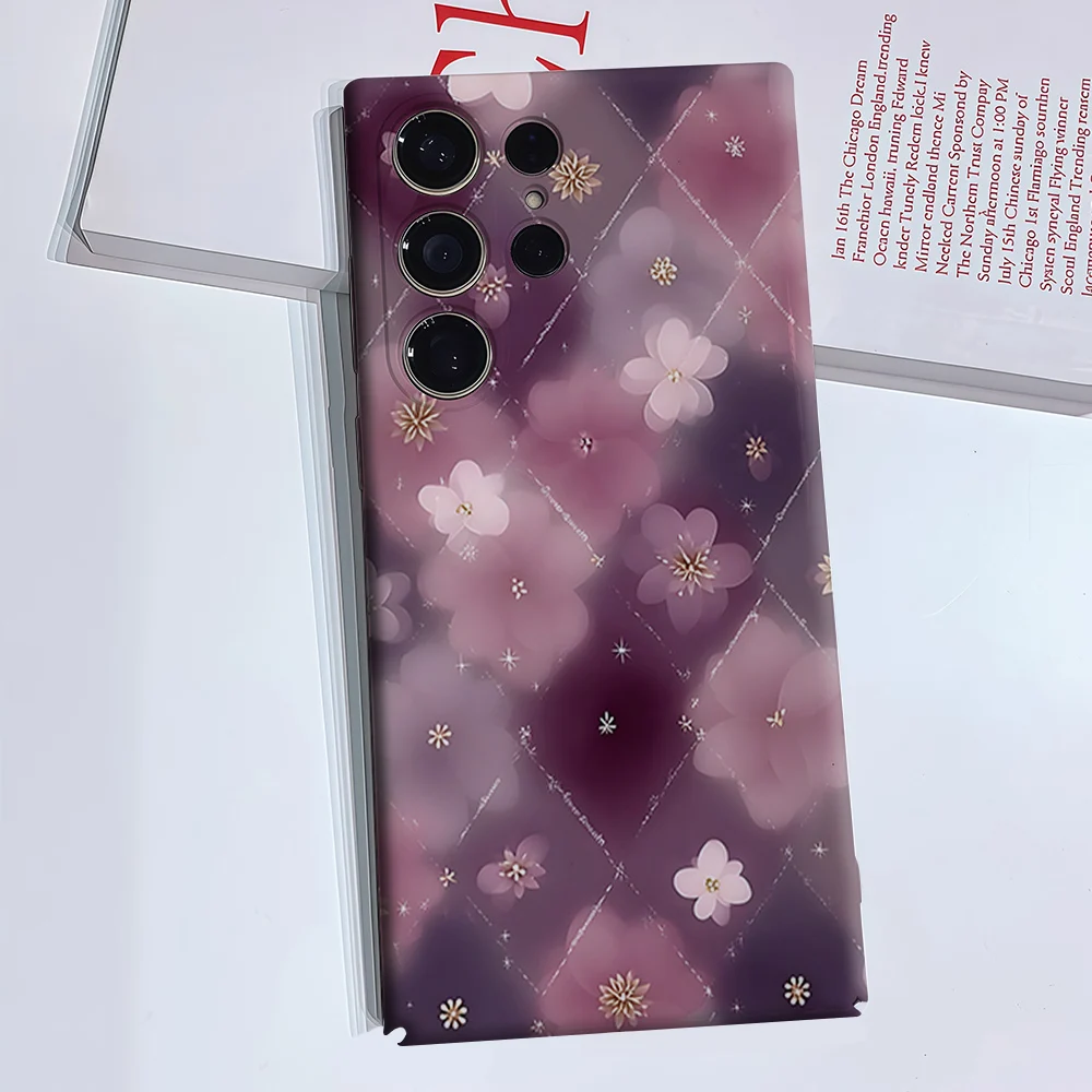 Purple Soft Floral Pattern For Samsung Galaxy S26 S25 S24 A56 A36 Dual Layer Luxury Fashion Full Lens Protective Case