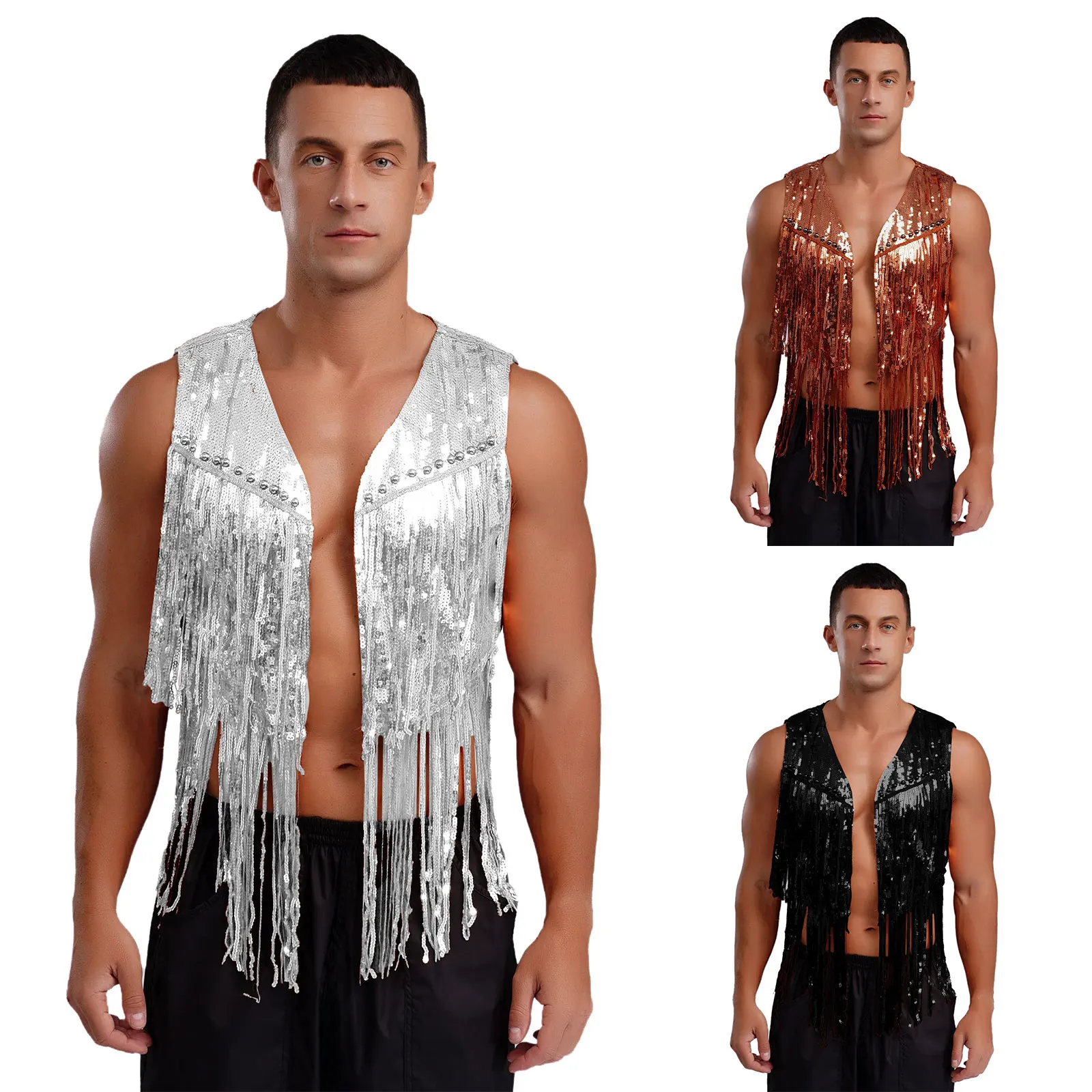 Hommes mode brillant frange Disco fête danse Cardigan gilet Cowboy Hippie scène Performance ouvert avant gland Rivets gilets