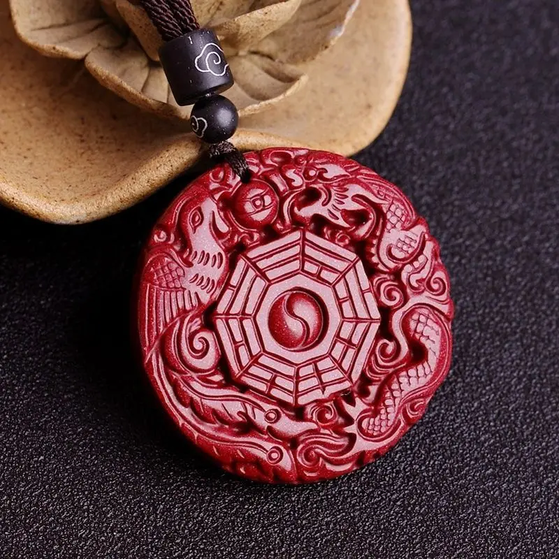 Natural cinnabar pendant Tai Chi dragon and phoenix gossip brand yin and yang five elements pendant men's and women's necklace