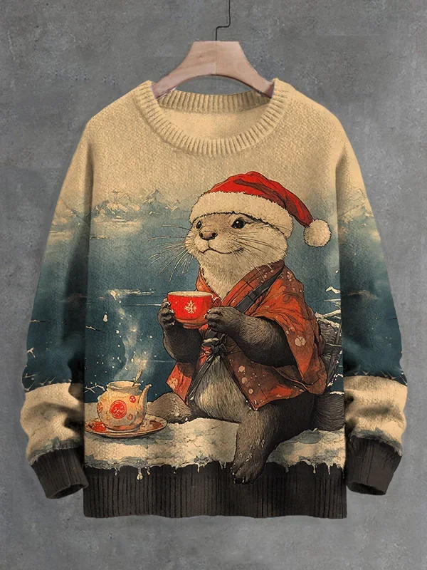 

Men's Christmas Otter Drinking Hot Drink By The River Art Print Knit Sweatshirt Women For Men Sweater