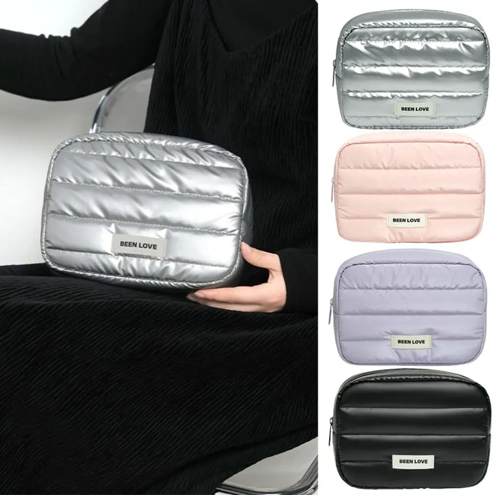 Fashion Down Puffy Makeup Bag Large Capacity Solid Color Travel Quilted Toiletry Bag Fluffy Zipper Skincare Storage Bag