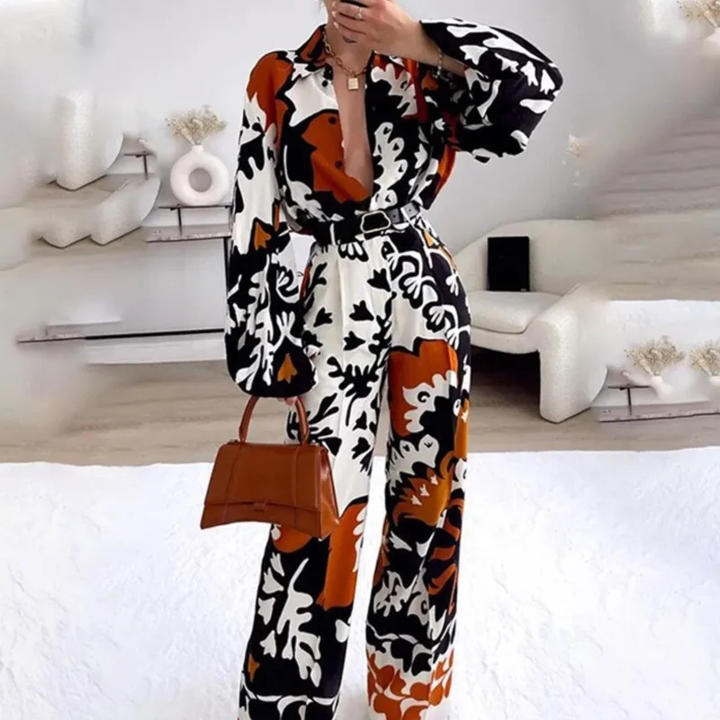 Fashionable Women's Printed Suit With Elegant Temperament, Two-piece Set With Belt, Lantern Sleeves, Long Sleeves, And Pants Set