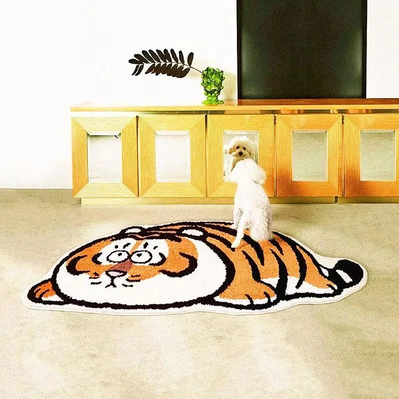 VIKAMA Cute Lazy Tiger Fluffy Rug Irregular Animal Shape Non Slip Floor Mat Cartoon Style Bedroom Entryway Decor Carpet