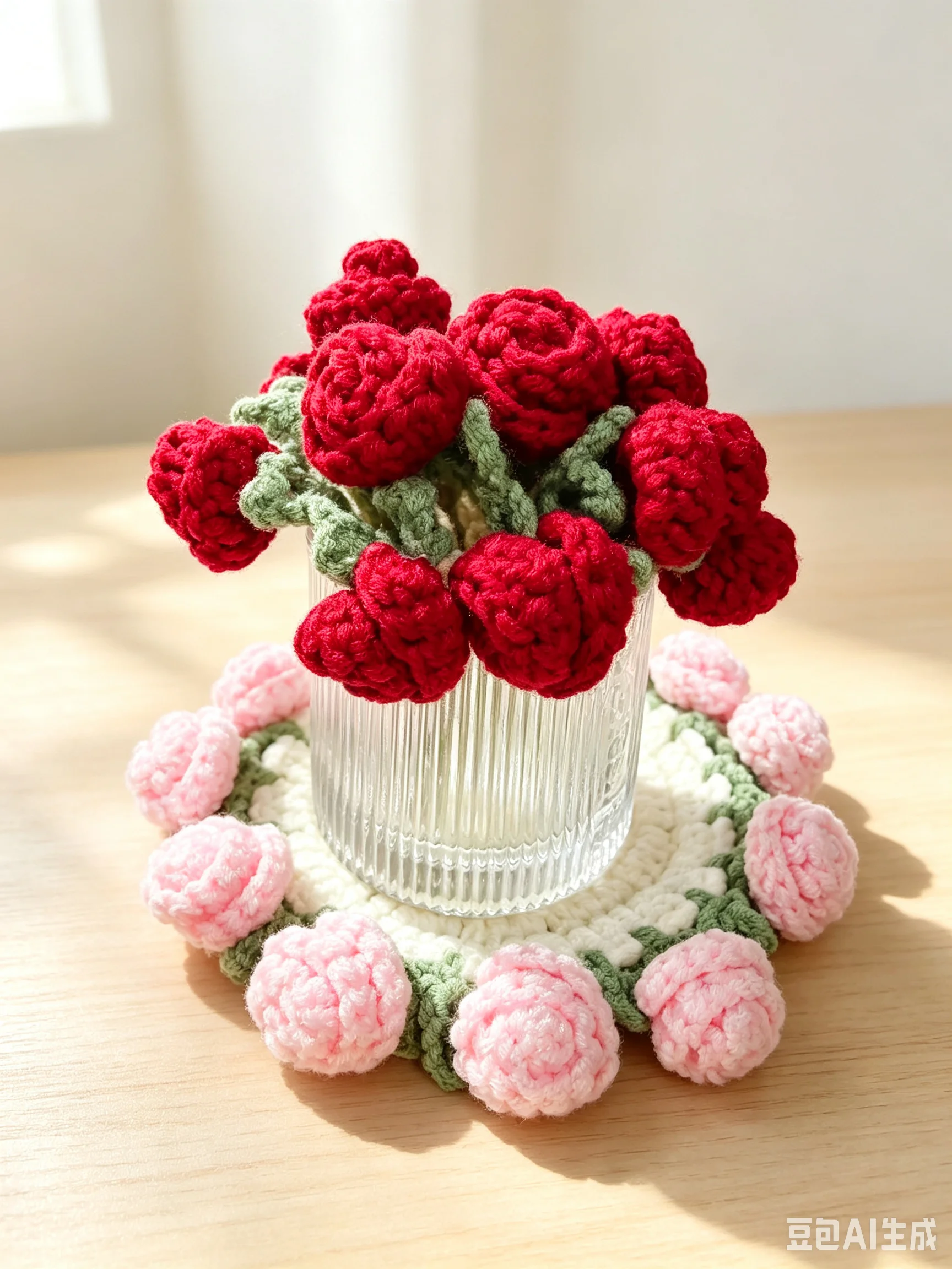 Finished Handmade Crochet Rose Coaster Convertible Mini Flower Bouquet Mat, Knitted Milk Cotton Cup Pad, Creative Table Decor Gi