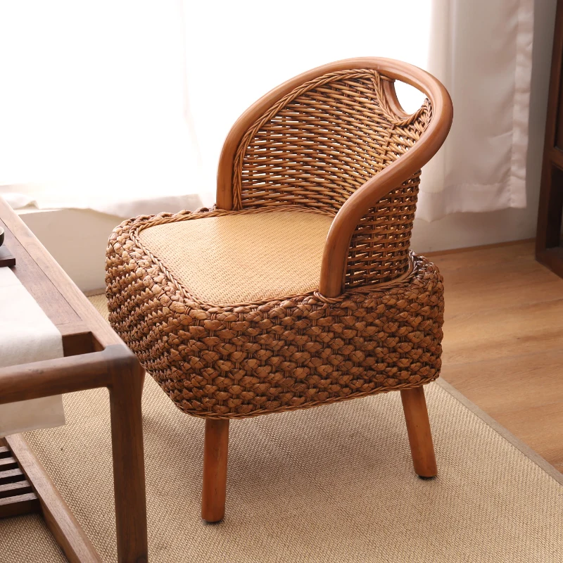 Handmade Straw&Rattan Woven Chair Japanese -style Armchair Zaisu Legless Floor Chair with Ergonomic Backrest Home Furniture