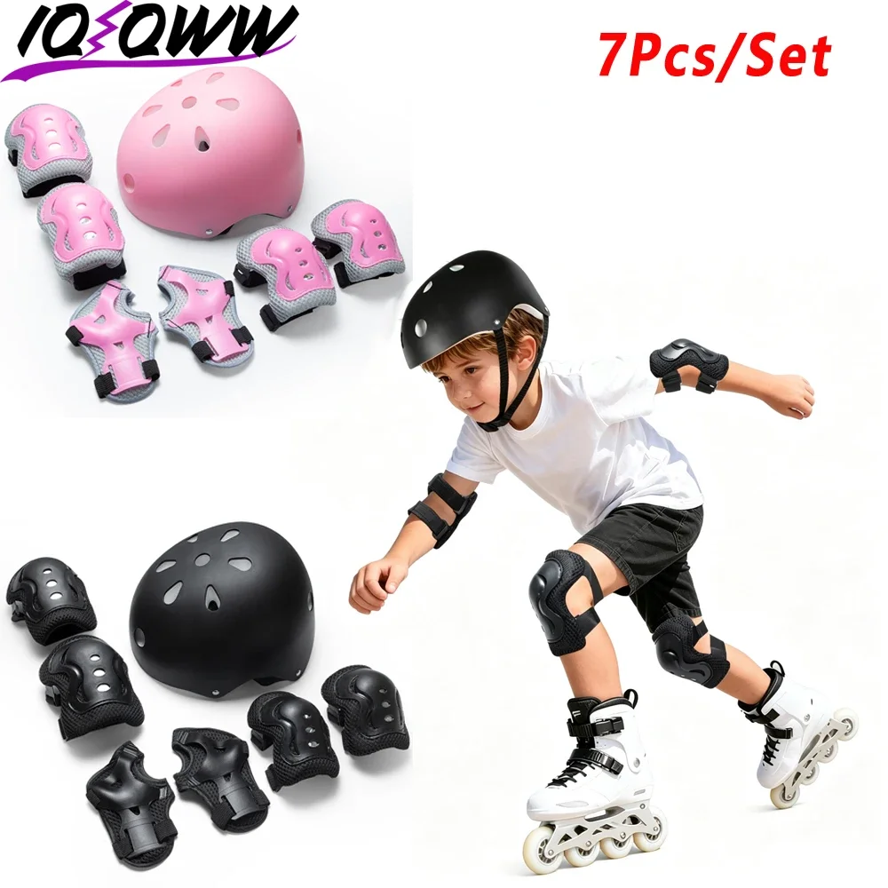 7PCS Adjustable Kids Safety Helmet & Protective Pads Set, Knee Elbow Wrist Guards for 3-10Y Cycling Skateboard Scooter