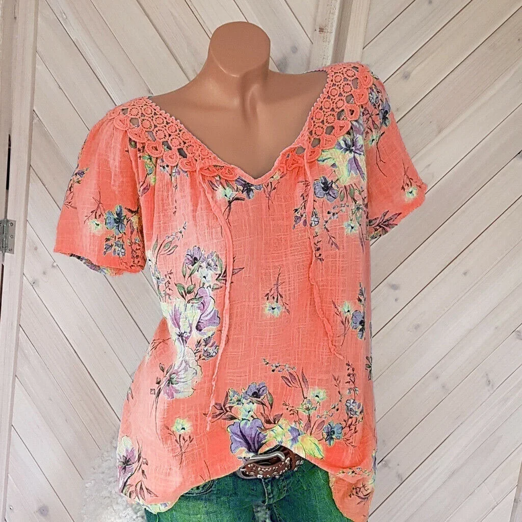 Women Summer Fashion Trendy Short Sleeve Lace Up Floral Print Blouses Tops  T-Shirts Casual Summer Lace Stitching Shirts