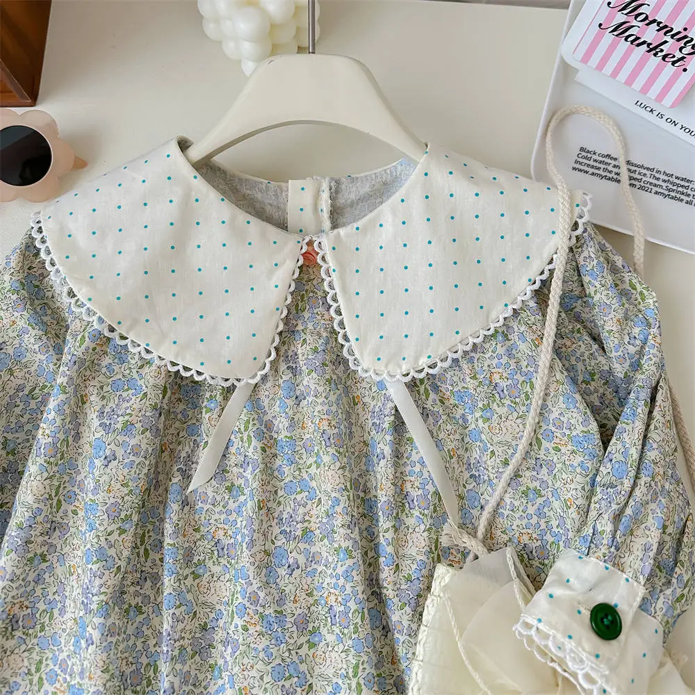 

Girls' Floral Print Long Sleeve Dress Fashion Polka Dot Doll Collar Loose A-line Princess Dresses 2025 Spring Summer New