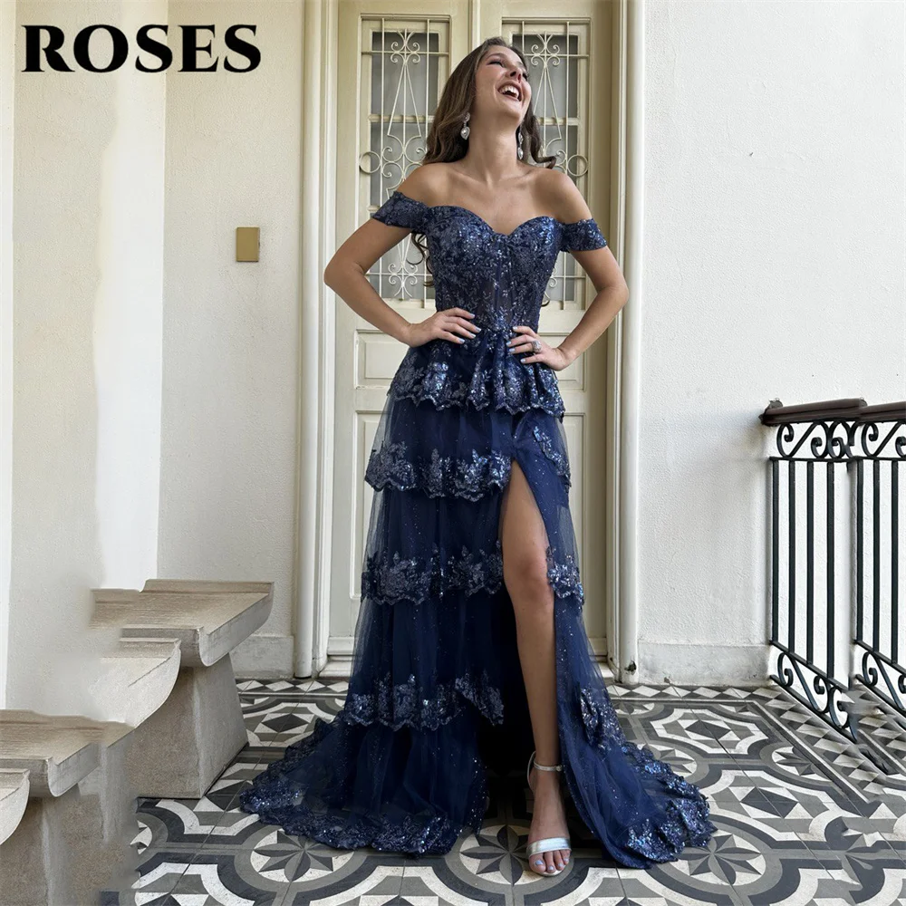 

ROSES Dark Blue Prom Dresses Off Shoulder Gala Dresses with Sequin and Ruffled Layers Saudi Arabic Evening Party Gown Customized