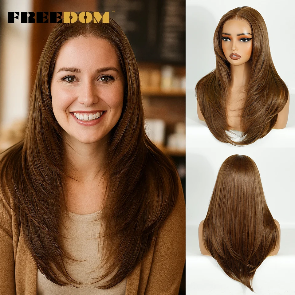

FREEDOM Synthetic Lace Front Wigs For Women 13x3 Lace Wigs Straight Pre Plucked Layered Wig Ombre Brown Blonde White Cosplay Wig
