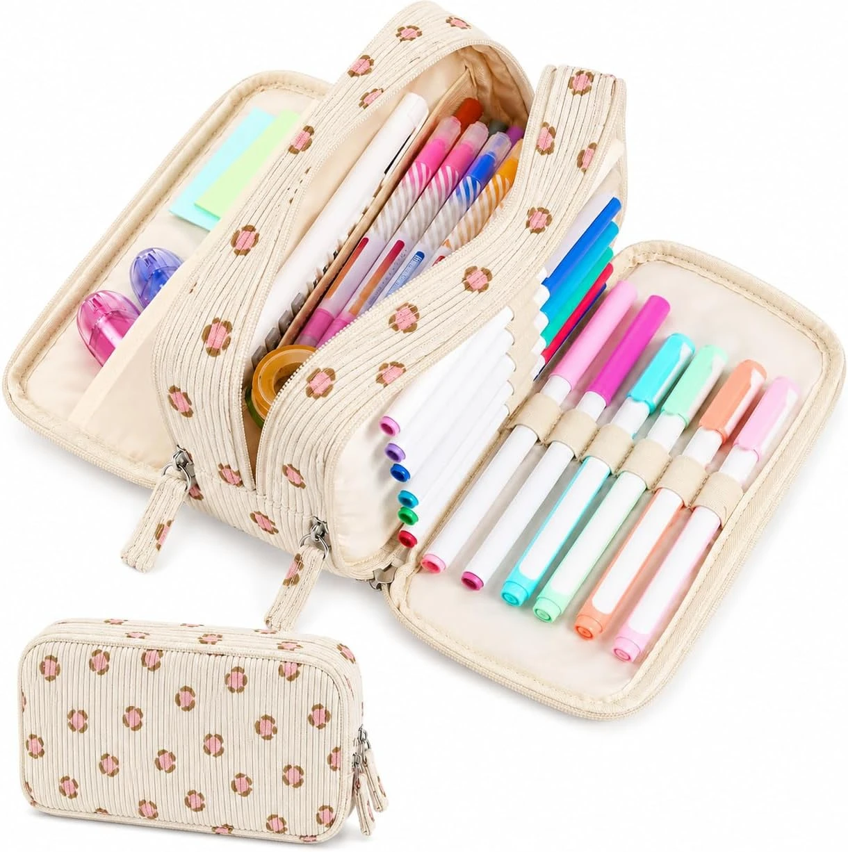 Big Capacity Pencil Case Pen Pouch, Soft Corduroy Pencil Bag with 3 Compartment, Multiple Pockets, Sturdy Zipper, Cute School