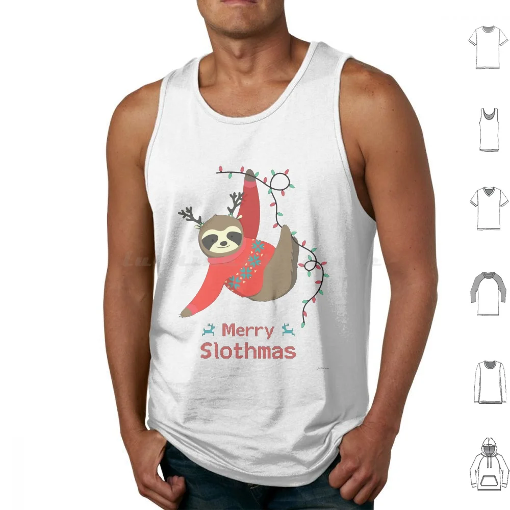 Merry Slothmas-Christmas Sloth Tank Tops Vest Sleeveless Christmas Sloth Merry Season Seasons Greeting Greetings Happy Jolly