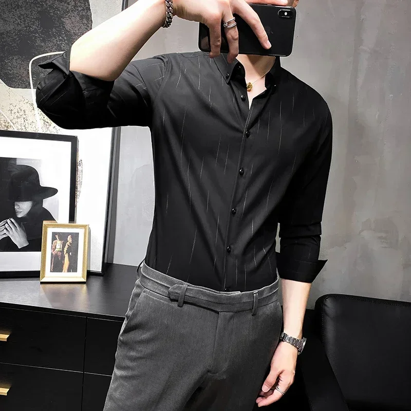 

Black/White/Gray New Plus Size Formal Long Sleeve Shirts For Men Clothing Fashion Vertical Stripe Slim Fit Casual Wedding Dress