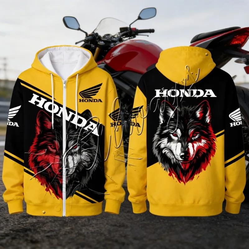 

Новая мужская толстовка с капюшоном на молнии в стиле ретро с головой волка для любителей мотоциклов Honda 2026 года, теплая спортивная куртка для бездорожья и велоспорта, модная куртка