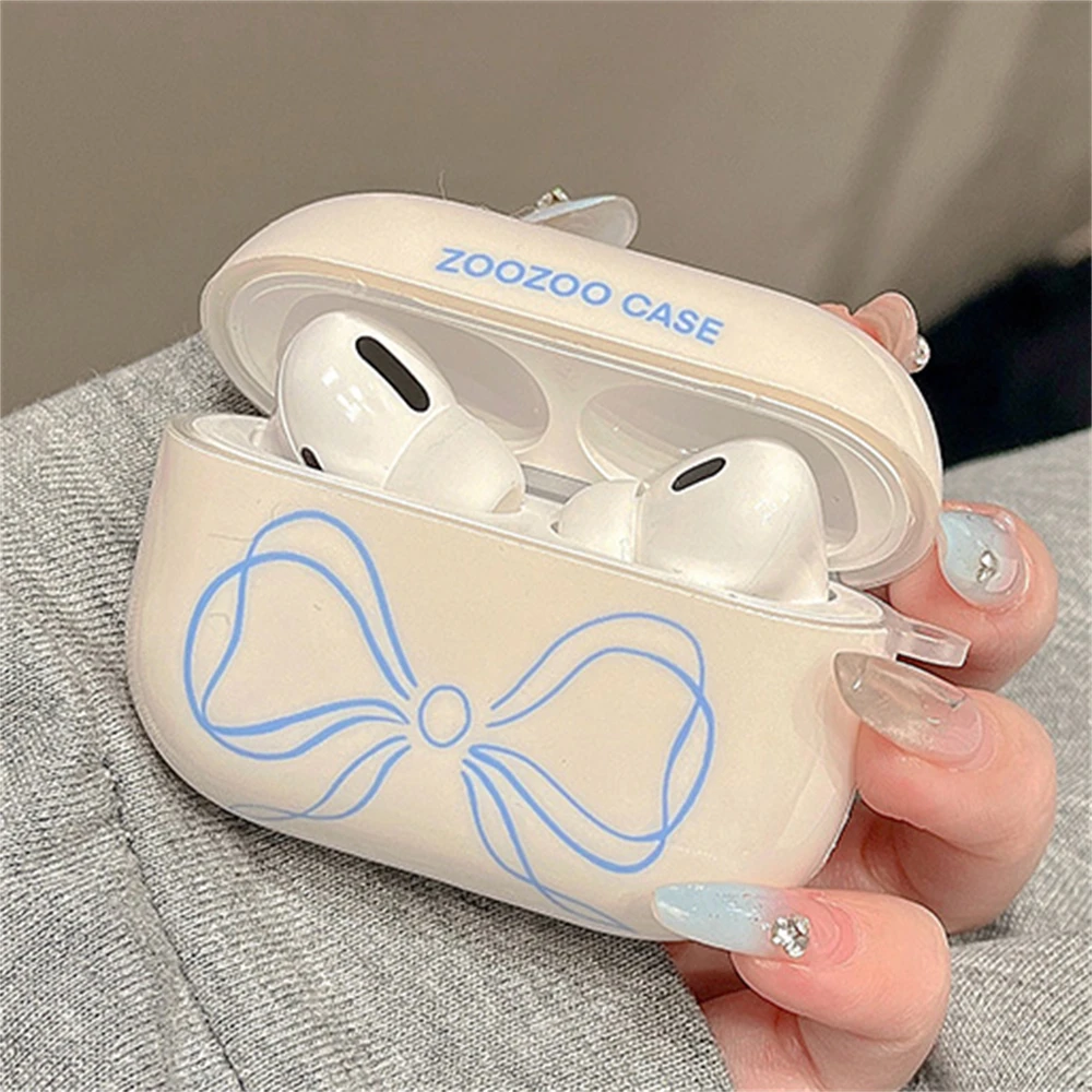 Kawaii Cute Line Bowknot Off-White Headphones Case For AirPods 1 2 3 With Keychain Protective Shell Soft Cover For AirPod Pro 2