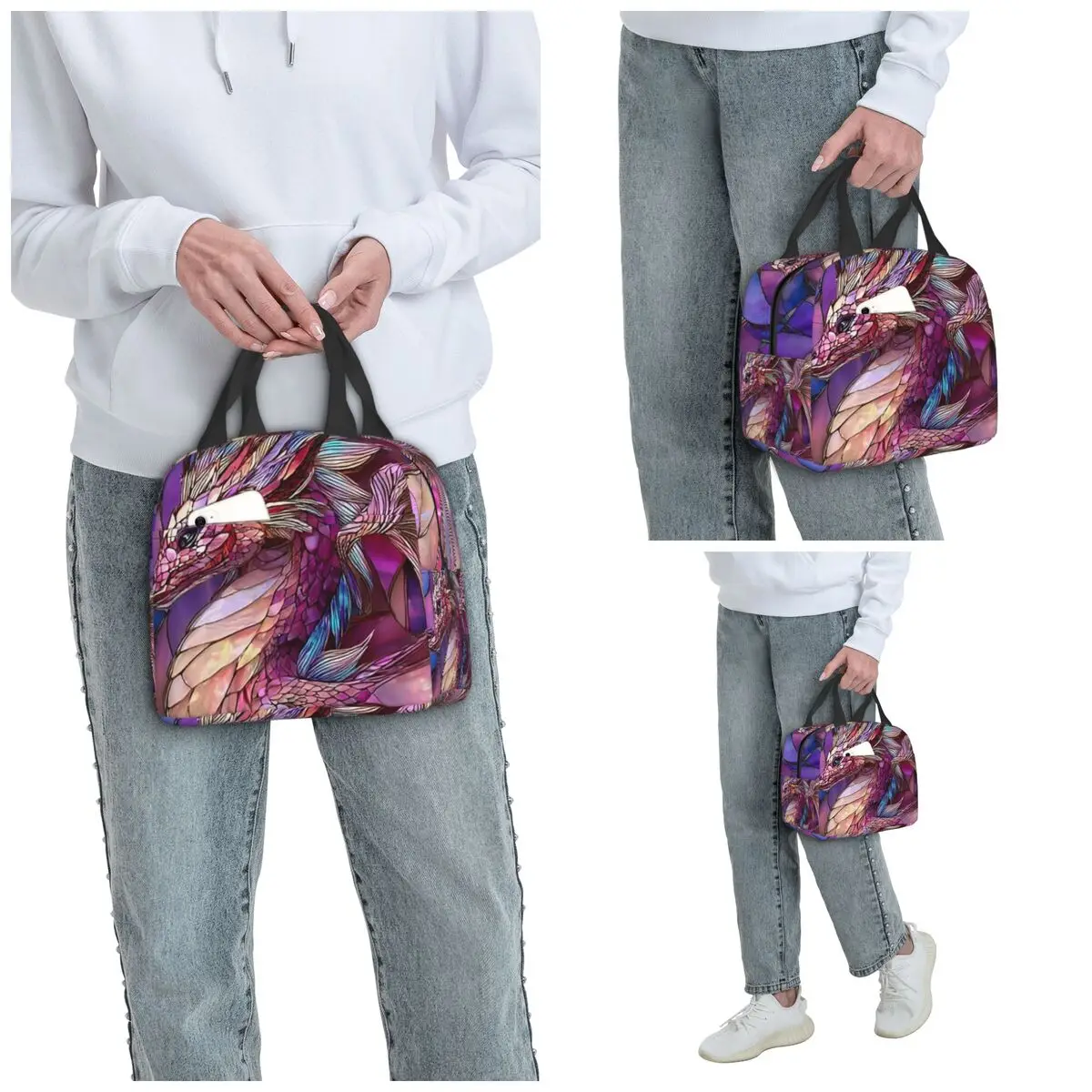 Glass Purple Dragon Pattern Insulated Lunch Bag for Kids School Cooler Thermal Food Box Tote Leakproof Lunch Boxes Container