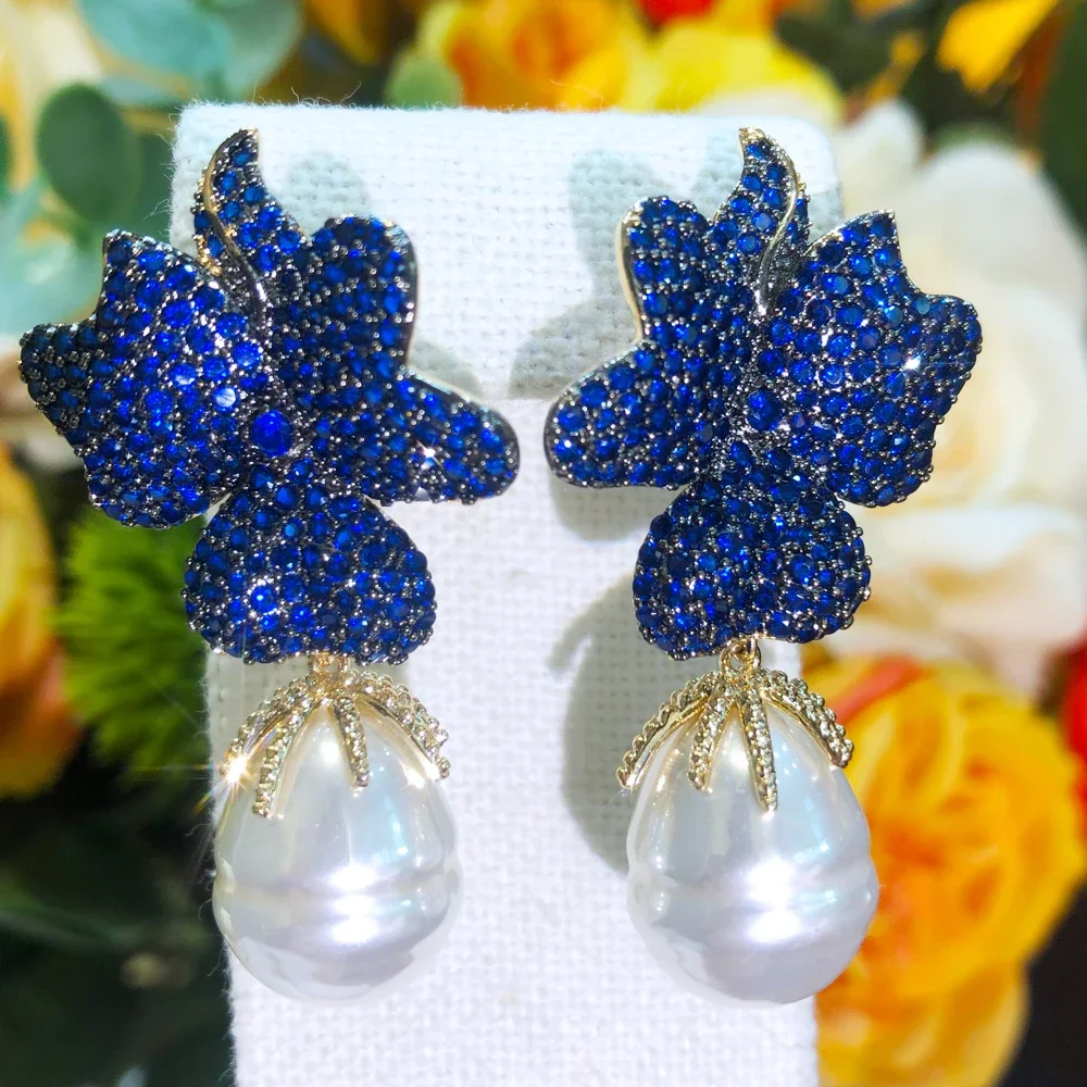 

Kellybola Original Trendy Big Flower Pearl Pendant Earrings For Women Girl Fine Bridal Wedding Party Shiny Jewelry High Quality