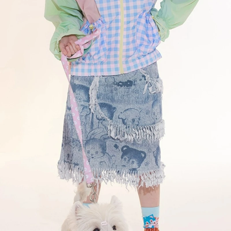 Retro-Design, hellblauer Tierdruck, mit Fransen, mittellanger Rock für Damen, 2025, neue, vielseitige Imitations-Denim-A-Linien-Röcke für Damen