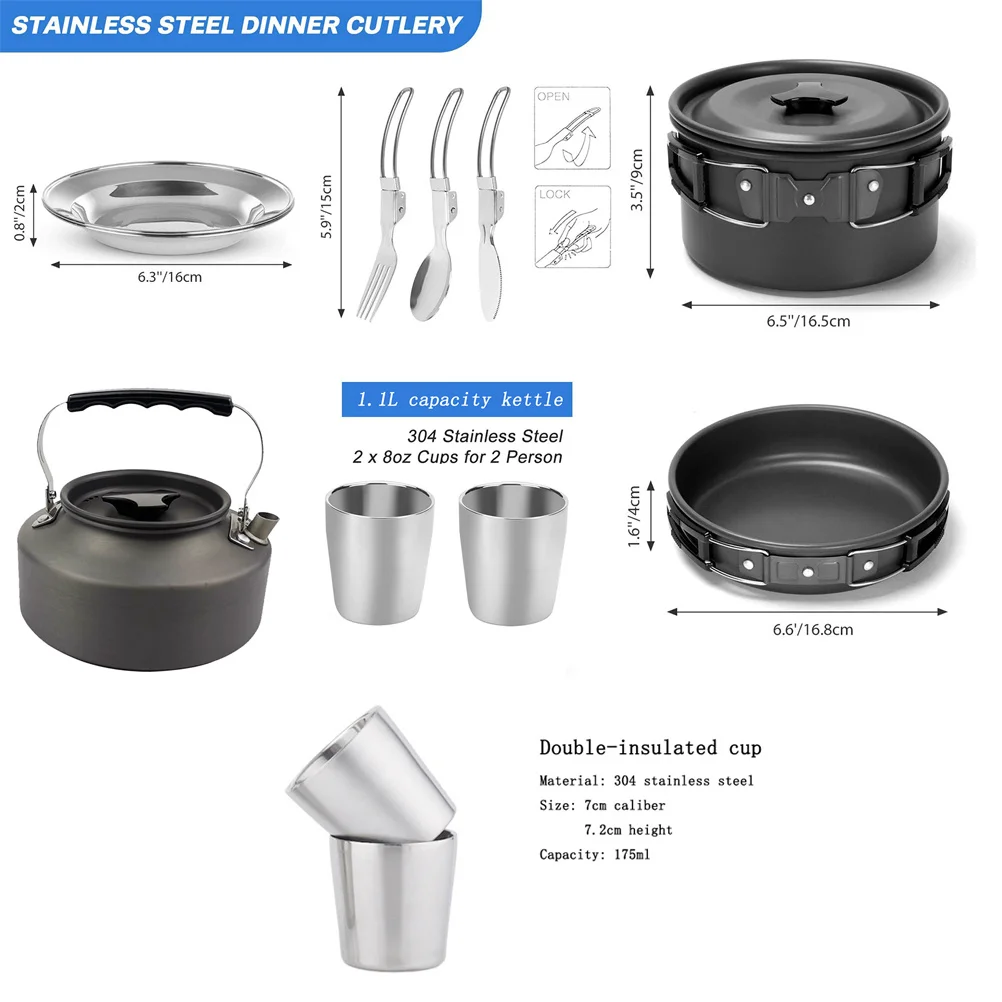 

1set Camping Cookware Set 2-3 People Portable Folding Non-Stick Outdoor Cooker Lightweight Aluminium Alloy Kitchenware For