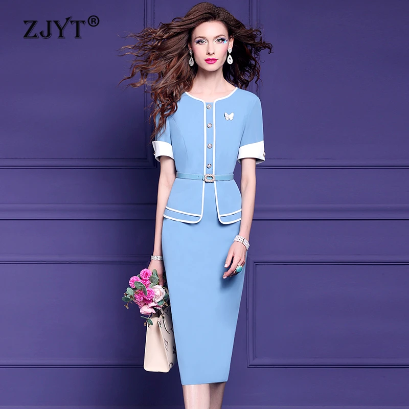 

ZJYT Summer Elegant Chic One Piece Pencil Dresses for Women 2024 Plus Size Slim Fit Party Office Work Dress Plus Size Blue Robe