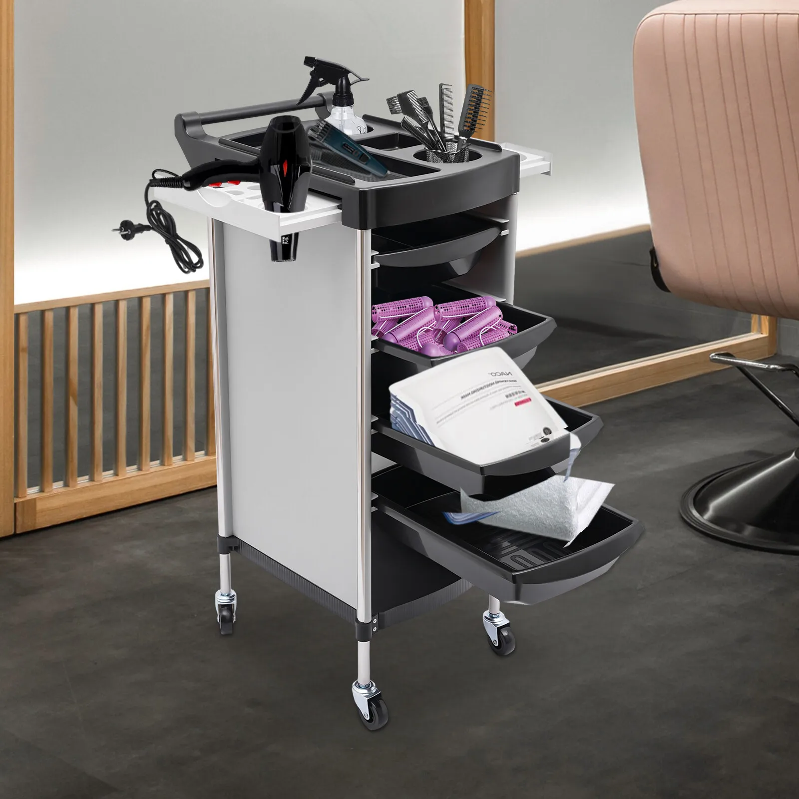

White&Black 6-Tier Freestanding Salon Trolley PP+Stainless Steel - 110.23Lbs Max Load&4 Universal Wheels, Corrosion/Deformation