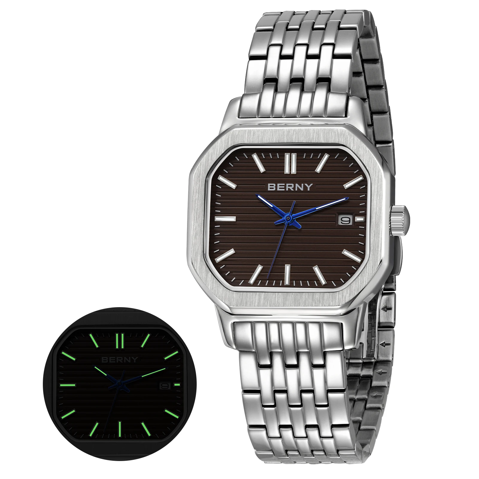 

BERNY Men's Watches Luminous Elegant Fashion Date Dress Quartz Watch Rectangle Dial Calendar Casual Business Wristwatch