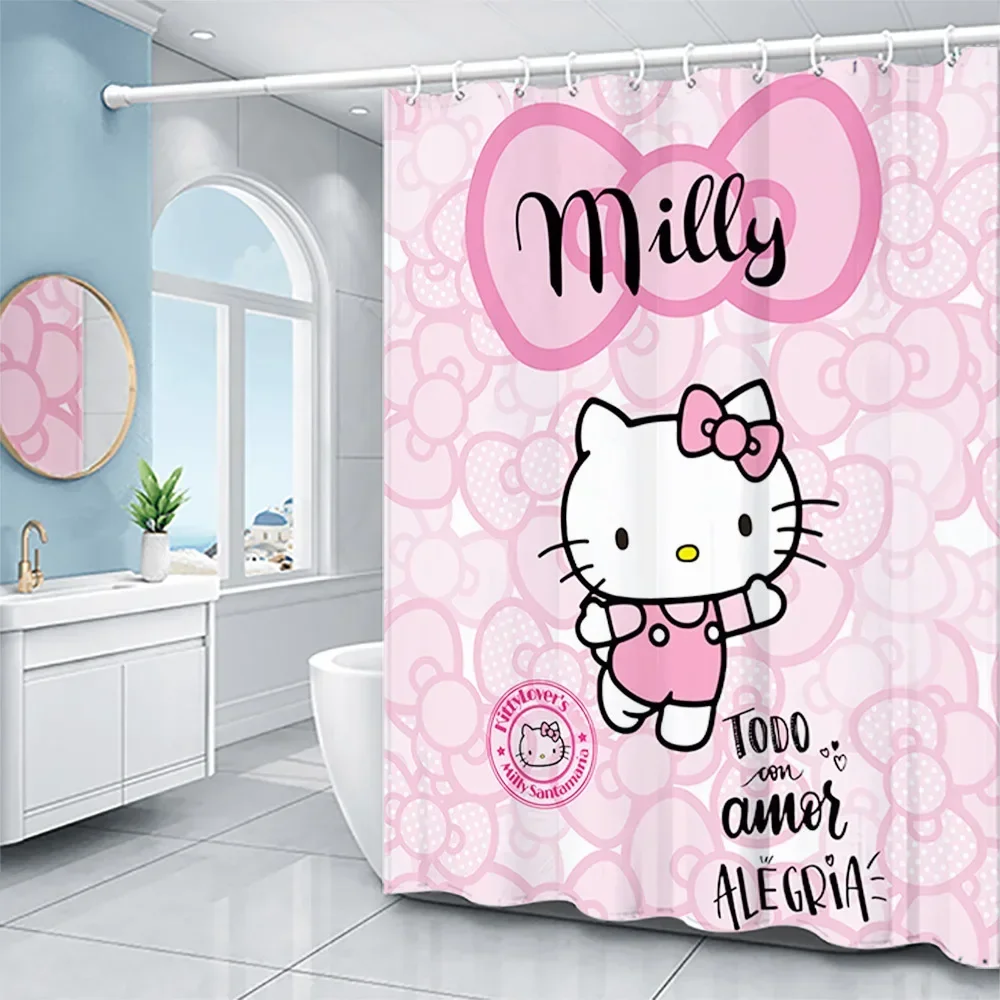 Imagem -02 - Hello Kitty Sanrio Cortinas de Chuveiro dos Desenhos Animados Poliéster Impermeável Banheiro Cortina com Ganchos Cor Bonito Kawaii e Rosa Presente