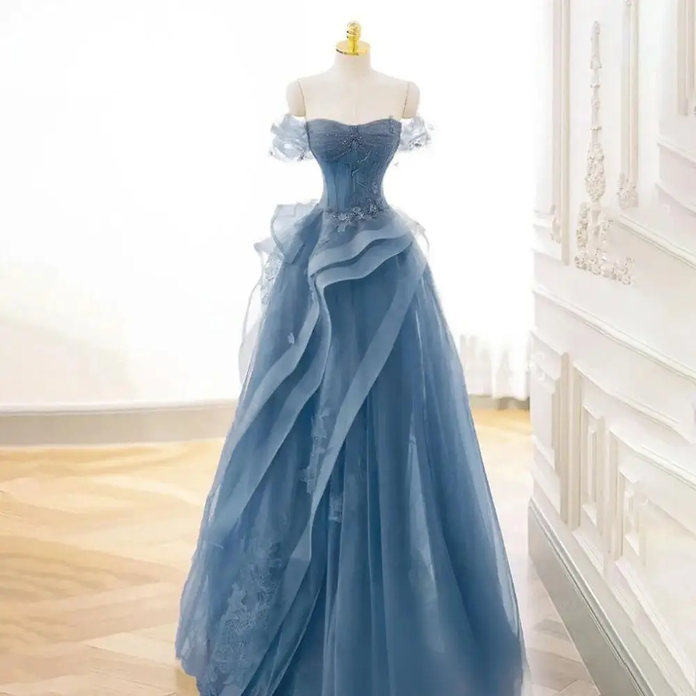 

Customized Elegant Tulle A-Line Off the Shoulder Appliques Evening Dress Temperament Strapless Prom Gowns Custom Made