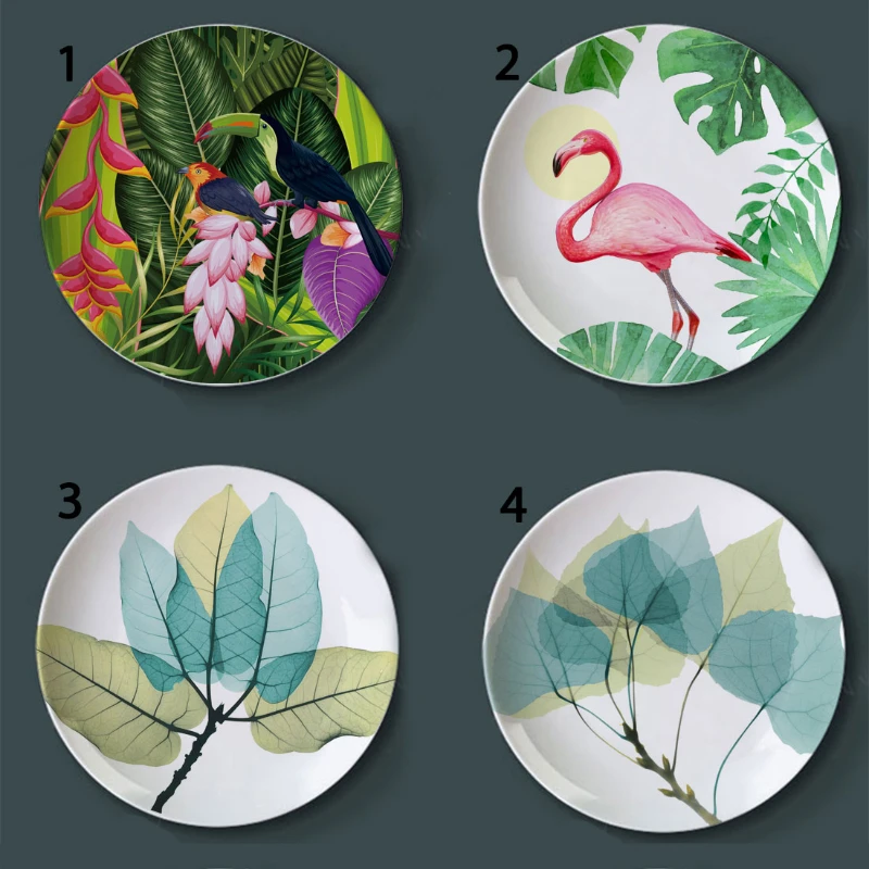 Green Plant Bird Wall Decorative Plates Ink Jungle Painting Ceramic Dish Turtle Leaf Pattern Home Decor Porcelain Hanging Craft