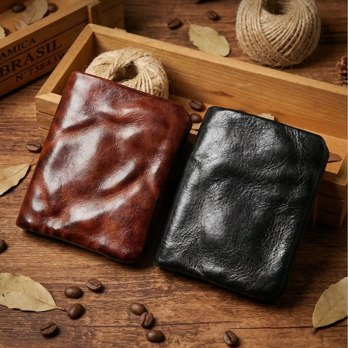 Genuine Leather Wallet Men's Head Layer Vegetable Tanned Leather Retro Pleated Vertical Portable Retro Leather Wallet Coin Purse