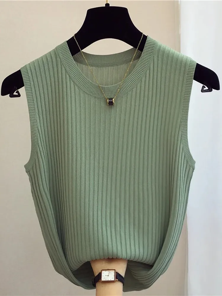 Zjais letnia wiosna podkoszulki Top damskie bez rękawów, dzianinowe t-shirty kobiece elastyczne, wąskie kamizelki na co dzień krótkie bluzki Camis pulowerowe koszule