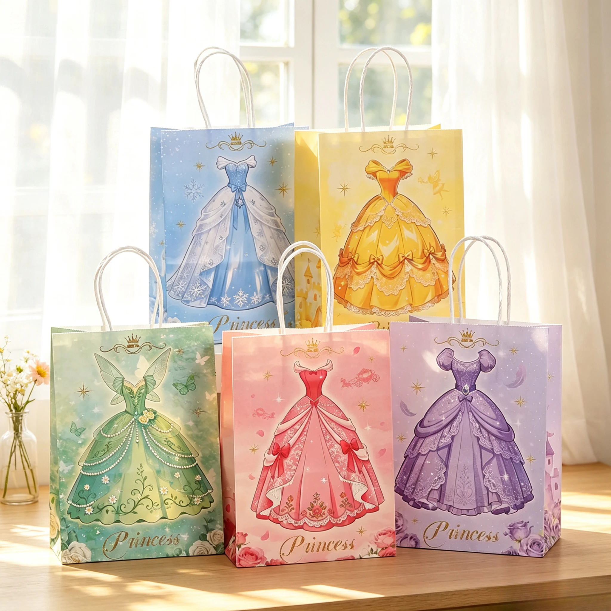 15pcs Gift Paper Bag Princess Dress Pattern Handheld Paper Bags With Handle For Themed Birthday Party Favor Supplies