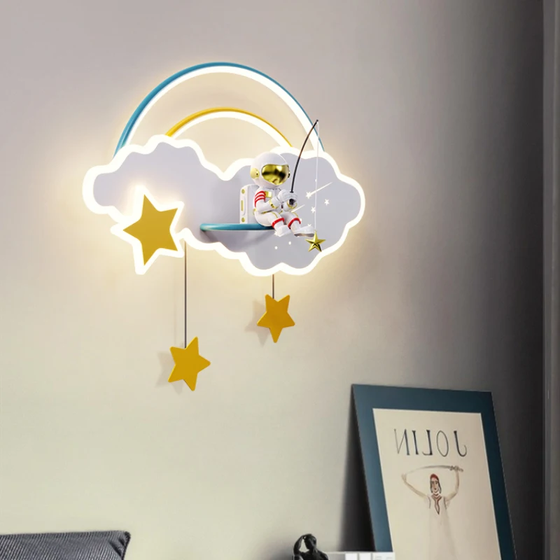 Astronaut Wall Lamps Children's Room Starry Sky Background Decor Lamp Simple Creative Baby Room Nursery Spaceman Wall Lights LED