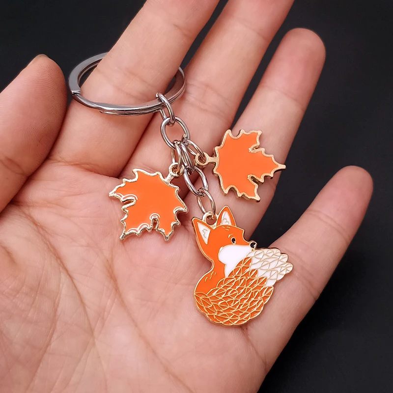 Cute Fox Keychains for Girls Animal Keychain Lovely Fox and Maple Key Ring Jewelry for Women