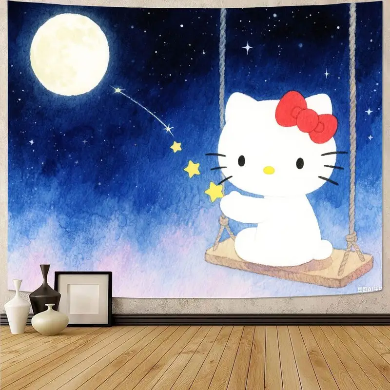 

1 шт. милый гобелен «Hello Kitty Moonlit Night» Kawaii настенное искусство для декора гостиной, спальни, идеальный подарок для фанатов