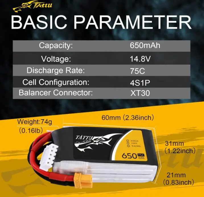 ACE Tattu 650mAh 4S1P 4S 4 cells 75C 14.8V Lipo Battery with XT30 Plug for Multirotor FPV 150 Size RC drone airplane helicopter