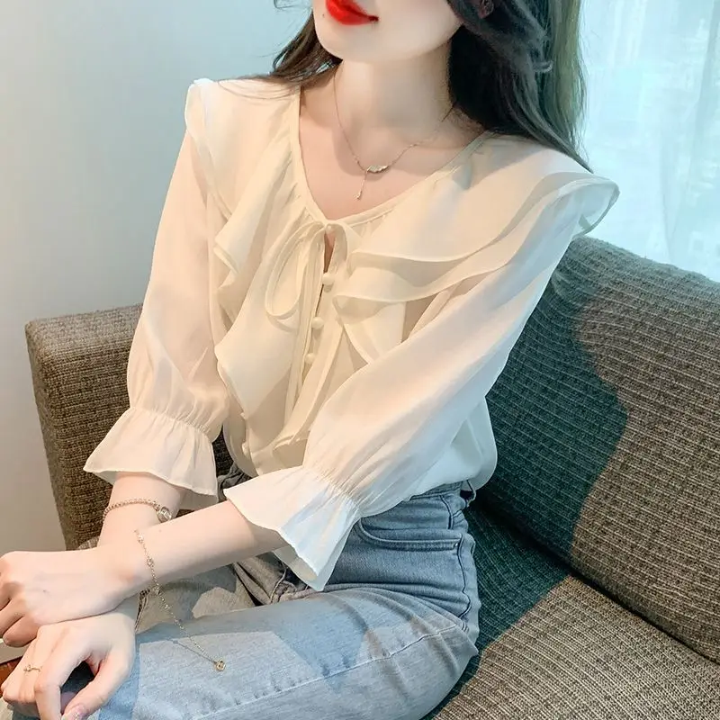 Lotus Leaf Edge Chiffon Shirt with Feminine Charm Lace Up Top Stylish Seven Quarter Sleeved Shirt