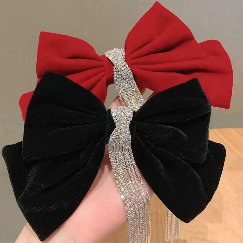 Retro Velvet Bow Hair Clips Accessories Girls Bow Bows Girl Flash Tassel Hairgrip Korean Rhinestones Ribbon Ties New Headwear