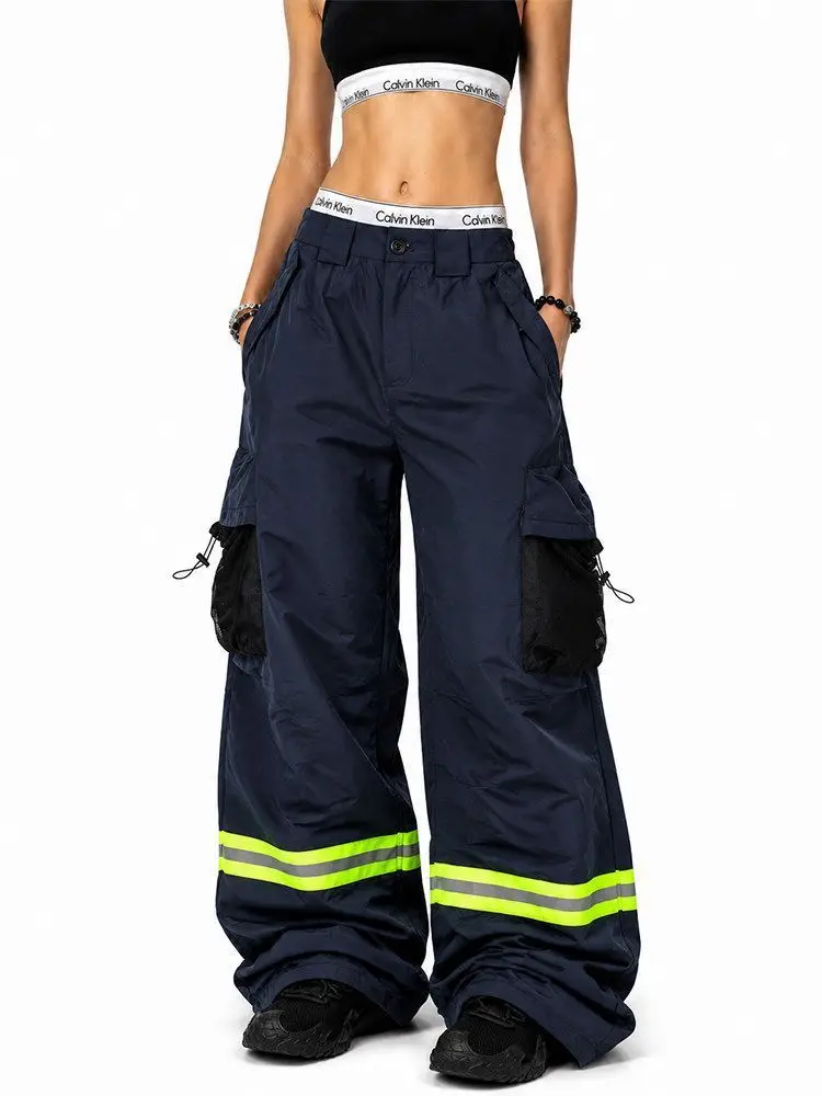 Women's Multi Pocket Reflective Strip Design Pants Summer Bottoms Wide Leg Sweatpants High Waisted Trousers Female Unisex Casual